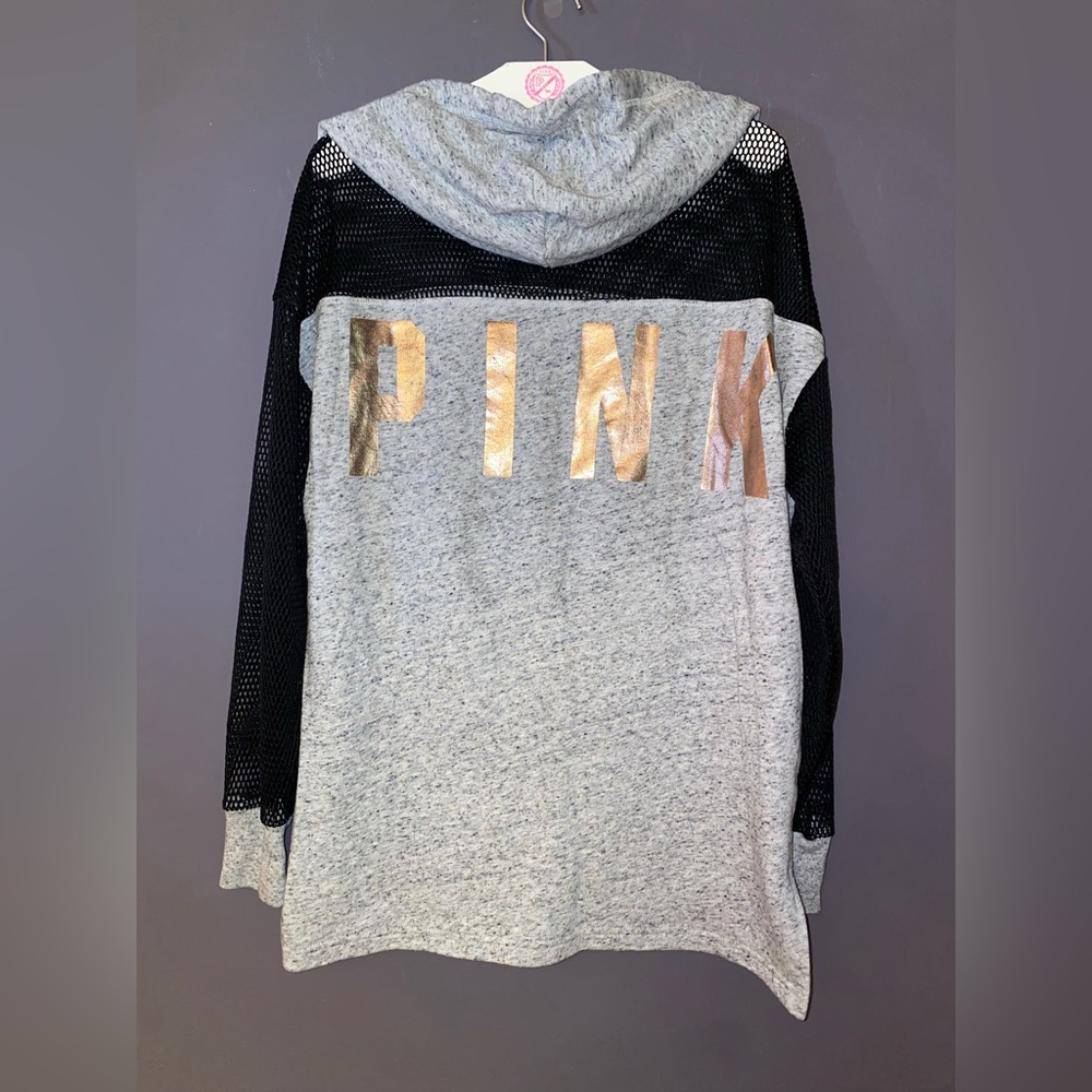 VS PINK FISHNET MESH COLORBLOCK GRAY BLACK HOODIE SWEATSHIRT GOLD SHINE LOGO HTF